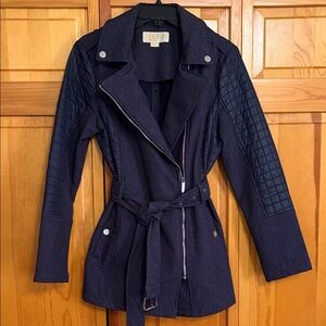 Michael Kors Quilted-Sleeve Belted Denim Look Blue Trench Coat Size M EUC